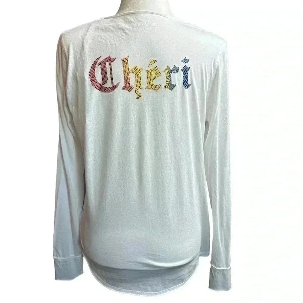 Zadig & Voltaire Long Sleeve White with multicolored Crystals -Cheri on Back L
